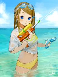Rule 34 | 1girl, bikini, blue eyes, blue sky, blush, blush stickers, brown hair, closed mouth, cloud, cloudy sky, commentary request, day, eyebrows, finger on trigger, goggles, goggles on head, hair ornament, hairclip, hands up, highres, legs apart, long hair, looking at viewer, navel, original, outdoors, partially submerged, sako (35s 00), shirt, short sleeves, signature, sky, solo, sports bikini, standing, swept bangs, swimsuit, wading, water, water gun, wet, wet clothes, wet hair, wet shirt, white shirt, yellow bikini