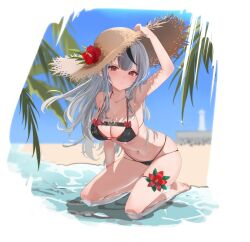Rule 34 | 1girl, arm up, beach, bikini, black bikini, black hair, blurry, blurry background, breasts, collarbone, commentary request, flower, grey hair, halterneck, hat, hat flower, heart, hololive, kneeling, large breasts, lighthouse, long hair, looking at viewer, palm tree, red eyes, sakamata chloe, sand, solo, straw hat, string bikini, sunano reona, swimsuit, tree, virtual youtuber, water