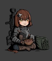 Rule 34 | 1girl, :t, armor, bag, black pants, blush, boots, bowl, breastplate, brown eyes, brown footwear, brown gloves, brown hair, closed mouth, commentary, eating, english commentary, full body, gloves, grey background, gun, hair between eyes, hair ornament, holding, holding bowl, holding spoon, knee boots, looking away, original, pants, simple background, sitting, solo, spoon, srtdrawart, tail, wavy mouth, weapon, weapon request, wooden spoon