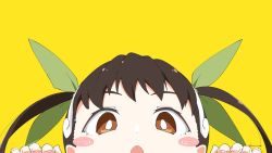 Rule 34 | 1girl, bad id, bad twitter id, black hair, blush, blush stickers, brown eyes, eyebrows hidden by hair, female focus, hachikuji mayoi, hair ornament, kuroiwa brs, looking at viewer, monogatari (series), open mouth, peeking, simple background, solo, yellow background