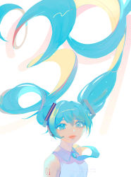 Rule 34 | 1girl, arm tattoo, artist name, character name, collared shirt, floating hair, grey shirt, hatsune miku, headset, highres, long hair, looking ahead, portrait, purii, shirt, sleeveless, sleeveless shirt, solo, sparkle, tattoo, thick lips, twintails, very long hair, vocaloid, white background