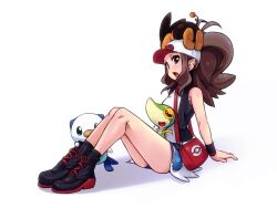 1girl arm_support bag baseball_cap brown_hair chimosaku commentary_request creatures_(company) denim denim_shorts duplicate game_freak gen_5_pokemon handbag hat highres hilda_(pokemon) legs looking_at_viewer nintendo open_mouth oshawott pixel-perfect_duplicate pokemon pokemon_(creature) pokemon_bw ponytail shorts sitting snivy starter_pokemon_trio tepig