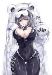 Rule 34 | 1girl, animal costume, animal hood, artist name, bear costume, bear hood, black bodysuit, bodysuit, breasts, cleavage, clothes writing, fur-trimmed hood, fur-trimmed sleeves, fur trim, gloves, goddess of victory: nikke, grey hair, grin, haakun, headphones, headphones around neck, highres, hood, hood up, large breasts, long hair, long sleeves, looking at viewer, mask, mask on head, mole, mole on breast, mole under mouth, neve (nikke), no bra, open bodysuit, open clothes, simple background, sleep mask, smile, solo, thigh gap, white background, zipper