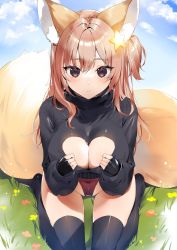 Rule 34 | animal ear fluff, animal ears, annytf, black gloves, black sweater, black thighhighs, breasts, brown eyes, brown hair, cleavage, cleavage cutout, clothing cutout, cloud, covered navel, crop top, fingerless gloves, fox ears, fox girl, fox tail, gloves, grass, groin, hair ornament, hands on own breasts, highleg, highleg leotard, highres, indie virtual youtuber, kasumi komo, large breasts, leotard, leotard under clothes, long hair, outdoors, red leotard, side ponytail, sitting, sky, star (symbol), star hair ornament, sweater, tail, thighhighs, thighs, virtual youtuber