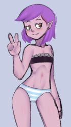Rule 34 | 1girl, amity blight, blush, flat chest, monochrome background, navel, orange eyes, panties, pointy ears, short hair, simple background, smile, solo, steca, striped clothes, striped panties, the owl house, underwear, v, witch (the owl house)
