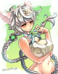 Rule 34 | 10s, 1girl, animal ears, braid, breast hold, breasts, cat ears, cat girl, cleavage cutout, clothing cutout, female focus, from side, gradient background, jitome, kantai collection, kemonomimi mode, large breasts, long hair, looking at viewer, midriff, neck ribbon, noguruma, off shoulder, ribbon, silver hair, single braid, solo, unryuu (kancolle), upper body, very long hair, yellow eyes