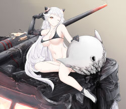 Rule 34 | 10s, 1girl, airfield princess, boots, breasts, cleavage, collarbone, dmt (auburn), high heel boots, high heels, kantai collection, large breasts, long hair, looking at viewer, one eye closed, red eyes, sitting, smile, solo, swimsuit, white footwear, white hair