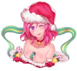 Rule 34 | 10s, 1girl, ;p, bare shoulders, bell, between breasts, blush, breasts, candy, candy cane, choker, christmas, collarbone, fiodo, food, fur trim, hat, looking at viewer, love live!, love live! school idol project, nishikino maki, one eye closed, purple eyes, red hair, santa costume, santa hat, short hair, solo, tears, tongue, tongue out, transparent background, upper body, white background