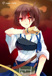 Rule 34 | 10s, 1girl, bad id, bad pixiv id, blood, blood on face, bow (weapon), brown eyes, brown hair, gloves, gradient background, half-closed eye, ikeuchi tanuma, japanese clothes, kaga (kancolle), kantai collection, muneate, open mouth, side ponytail, solo, uneven eyes, weapon