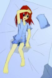 Rule 34 | 1girl, arm up, azukilib, barefoot, bedwetting, black eyes, blue shirt, blue shorts, blush, character request, collarbone, embarrassed, female focus, flat chest, from above, full body, hair between eyes, lying, medium hair, on back, on bed, open mouth, pajamas, pee, peed self, peeing, peeing self, pillow, puddle, red hair, shirt, short shorts, short sleeves, shorts, solo, wet, wet clothes