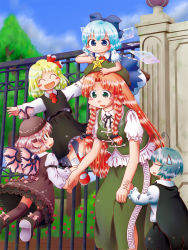 Rule 34 | 5girls, animal ears, antennae, blonde hair, blue eyes, blue hair, bow, braid, cape, china dress, chinese clothes, circled 9, cirno, dress, earrings, green eyes, green hair, hair bow, hair ribbon, hat, hong meiling, jewelry, long hair, matty (zuwzi), multiple girls, mystia lorelei, outstretched arms, pink hair, red hair, ribbon, rumia, short hair, spread arms, team 9 (touhou), touhou, twin braids, wings, wriggle nightbug