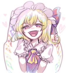Rule 34 | 1girl, :d, ascot, blonde hair, blush, flandre scarlet, hat, hat ribbon, heart, mob cap, one side up, open mouth, puffy short sleeves, puffy sleeves, red eyes, ribbon, sacchan happy, short hair, short sleeves, smile, solo, touhou, upper body, vest, wings