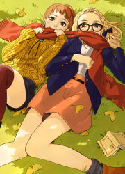 Rule 34 | 2girls, autumn, autumn leaves, bad id, bad pixiv id, blazer, blonde hair, blush, book, braid, brown eyes, brown hair, brown legwear, ginkgo tree, glasses, grass, green eyes, jacket, lying, multiple girls, on back, original, over-kneehighs, red scarf, scarf, shared clothes, shared scarf, short hair, side-by-side, skirt, socks, sweater, thighhighs, tyaahan, unbuttoned