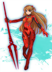 Rule 34 | 10s, 1girl, bident, blue eyes, blush, bodysuit, bracer, breasts, brown hair, covered navel, duct tape, evangelion: 3.0 you can (not) redo, eyepatch, full body, gloves, hair ornament, highres, hip focus, holding, holding weapon, lance of longinus (evangelion), leg lift, leg up, long hair, looking at viewer, neon genesis evangelion, outline, parted bangs, pilot suit, plugsuit, polearm, rebuild of evangelion, solo, souryuu asuka langley, spear, standing, standing on one leg, thigh gap, turtleneck, two side up, very long hair, weapon, yashichii