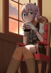 Rule 34 | 10s, 1girl, black skirt, blue eyes, butajima john, chair, collared shirt, colored eyelashes, cup, dusk, gloves, hair ornament, highres, indoors, kantai collection, kneehighs, knees together feet apart, looking at viewer, mug, neck ribbon, pink hair, pleated skirt, ponytail, red ribbon, ribbon, shiranui (kancolle), shirt, short hair, short ponytail, sitting, skirt, socks, solo, vest, white gloves, window