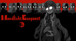 Rule 34 | 1girl, 6+others, absurdres, aiguillette, alternate costume, ambiguous gender, belt, clapping, coat, coat on shoulders, collared shirt, combat helmet, commentary, cowboy shot, crescent moon, cross, crowd, evil grin, evil smile, facing viewer, german text, glasses, gloves, greyscale with colored background, grin, hat, helmet, high collar, highres, iron cross, jacket, lineup, long sleeves, mashima jirou, military jacket, military uniform, moon, multiple others, nazi, necktie, opaque glasses, peaked cap, recurring image, red background, respirator, round eyewear, shirt, short hair with long locks, skull in moon, smile, soldier, stahlhelm, translated, uniform, vocaloid, voiceroid, yuzuki yukari
