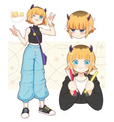 1girl :3 bag baggy_pants black_hoodie blonde_hair blue_eyes blue_pants bracelet brown_hair character_name commentary double_v english_commentary fake_horns glowstick holding holding_glowstick hood hoodie horns jewelry mem-cho memcho mismatched_shoelaces multicolored_hair netapai1 oshi_no_ko pants roots_(hair) shoes short_hair sleeveless sleeveless_turtleneck sneakers turtleneck two-tone_hair v