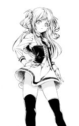 Rule 34 | 1girl, breasts, corset, frown, gluteal fold, greyscale, hand on own hip, highres, long hair, looking at viewer, monochrome, necktie, original, over-kneehighs, skirt, small breasts, solo, thighhighs, tokki, two side up, wavy hair