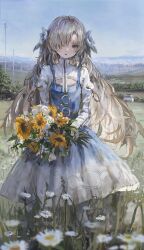 Rule 34 | 1girl, absurdres, blue dress, blue flower, blue hair, blue sky, bouquet, daisy, dress, expressionless, field, flower, grey eyes, grey hair, hair flower, hair ornament, hair over one eye, highres, holding, holding bouquet, isekai joucho, kamitsubaki studio, long hair, long sleeves, looking at viewer, multicolored hair, outdoors, parted lips, shion (mirudakemann), sky, solo, two-tone dress, two-tone hair, virtual youtuber, white dress
