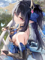 Rule 34 | 1girl, bare shoulders, blue hair, blush, breasts, bridal gauntlets, day, eric (tianqijiang), from above, from side, hair ornament, highres, large breasts, long hair, looking at viewer, looking up, original, outdoors, parted lips, pointy ears, red eyes, signature, solo, water