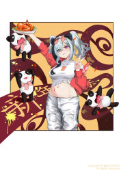 Rule 34 | 1girl, absurdres, animal ears, arknights, arm up, black hair, breasts, chinese commentary, commentary request, cowboy shot, crop top, duck (food), eyes visible through hair, feater (arknights), feater (gourmet) (arknights), female focus, food, grey hair, grin, hair over one eye, hand up, head tilt, highres, holding, holding food, jacket, large breasts, long sleeves, medium hair, midriff, multicolored hair, nail polish, navel, off shoulder, omono, panda, panda ears, pants, parted lips, pink eyes, pink nails, red jacket, shirt, smile, solo, standing, stomach, streaked hair, t-shirt, twintails, v, white pants