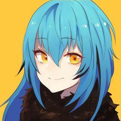 Rule 34 | 1other, androgynous, blue hair, commentary request, fur collar, fur trim, hair between eyes, long hair, looking at viewer, portrait, rimuru tempest, sakusan yousoeki, simple background, smile, solo, tensei shitara slime datta ken, yellow background, yellow eyes