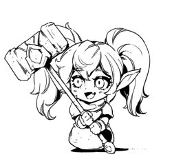 Rule 34 | 1girl, :d, fang, getting over it, gloves, greyscale, hammer, holding, holding hammer, league of legends, long hair, looking to the side, monochrome, open mouth, phantom ix row, poppy (league of legends), puffy short sleeves, puffy sleeves, short sleeves, skin fang, smile, solo, twintails