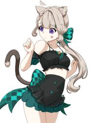 1girl absurdres alternate_costume animal_ear_fluff animal_ears bare_shoulders black_shorts borrowed_design bow camisole cat_ears cat_tail checkered_bow checkered_clothes cowboy_shot crop_top detached_sleeves facial_mark genshin_impact green_bow grey_hair hair_bow high-waist_shorts highres long_hair low_ponytail lynette_(genshin_impact) midriff purple_eyes short_shorts short_sleeves shorts simple_background solo spaghetti_strap standing star_(symbol) tail thighs very_long_hair white_background zancrowkami