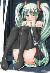 Rule 34 | 1girl, black thighhighs, blush, boots, covering own mouth, detached sleeves, female focus, full body, green eyes, green hair, hatsune miku, highres, knees to chest, legs up, long hair, matching hair/eyes, panties, pleated skirt, skirt, solo, takasaka donten, thigh boots, thighhighs, trembling, twintails, underwear, very long hair, vocaloid