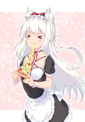 Rule 34 | &gt; &lt;, 1girl, absurdres, animal ear fluff, animal ears, apron, azur lane, black dress, blush, cat ears, cheese, closed eyes, closed mouth, commentary request, dress, eating, facing viewer, food, frilled apron, frills, hair between eyes, hammann (azur lane), highres, holding, holding food, long hair, nail polish, nakazawa aki, pink nails, pizza, pizza slice, puffy short sleeves, puffy sleeves, short sleeves, solo, v-shaped eyebrows, very long hair, waist apron, wavy mouth, white apron, white hair, wrist cuffs