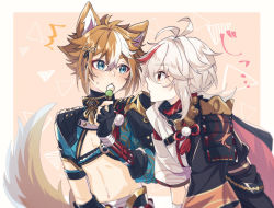 Rule 34 | 2boys, ^^^, animal ears, antenna hair, aqua eyes, arm guards, armor, asymmetrical sleeves, belt, belt buckle, black belt, black collar, black gloves, black jacket, black scarf, blush, border, brown hair, buckle, chest belt, closed mouth, collar, commentary request, crop top, dango, dog boy, dog ears, dog tail, eating, eye contact, fingerless gloves, food, genshin impact, gloves, gorou (genshin impact), hair between eyes, hair ornament, hand up, highres, holding, holding food, igote, jacket, japanese armor, japanese clothes, kaedehara kazuha, kimono, long sleeves, looking at another, looking at viewer, low ponytail, male focus, medium hair, midriff, mizuamememe, multicolored hair, multiple boys, navel, outside border, parted lips, paw print, pom pom (clothes), ponytail, profile, red eyes, red hair, red scarf, sanshoku dango, scarf, short hair, short sleeves, shoulder armor, sidelocks, sode, stomach, streaked hair, sweatdrop, tail, tassel, thick eyebrows, two-tone hair, upper body, wagashi, white border, white hair, white kimono