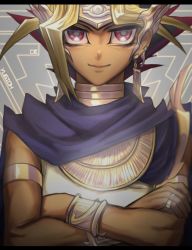 Rule 34 | 1boy, armlet, atem, black hair, blonde hair, cape, cbow, closed mouth, commentary request, crossed arms, dark skin, dark-skinned male, ear piercing, earrings, egyptian, highres, jewelry, male focus, multicolored hair, piercing, ring, smile, solo, spiked hair, yu-gi-oh!, yu-gi-oh! duel monsters