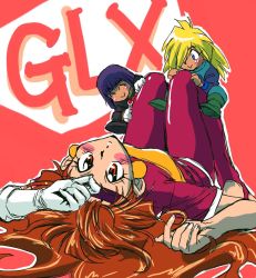 Rule 34 | 1girl, 2boys, ^ ^, artist request, chibi, closed eyes, demon, gloves, gourry gabriev, highres, lina inverse, long hair, looking at viewer, lying, multiple boys, on back, on floor, pink background, simple background, slayers, white gloves, xelloss