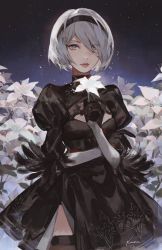 Rule 34 | 1girl, absurdres, black dress, black hairband, blue eyes, cleavage cutout, clothing cutout, dress, feather-trimmed sleeves, flower, hairband, highres, juliet sleeves, kaneblob, lily (flower), long sleeves, nier (series), nier:automata, night, night sky, no blindfold, puffy sleeves, silver hair, sky, thighhighs, 2b (nier:automata)