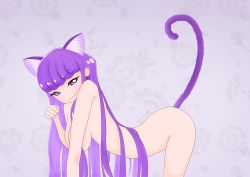 Rule 34 | 1girl, :3, absurdres, all fours, animal ears, artist request, blush, breasts, cat ears, cat girl, cat tail, earrings, floral background, grey background, highres, jewelry, kirakira precure a la mode, kotozume yukari, large breasts, long hair, looking at viewer, nude, paw pose, precure, purple eyes, purple hair, smile, tail