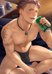 Rule 34 | 1boy, abs, alcohol, bara, black male underwear, blue eyes, blush, briefs, brown hair, bulge, can, dan (mondi hl), drunk, earrings, gay, highres, holding, holding can, jewelry, large pectorals, looking at viewer, male focus, male underwear, mondi hl, muscular, muscular male, navel, necklace, nipples, open mouth, original, pectorals, short hair, sitting, smile, solo, thighs, twitter username, underwear