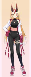 Rule 34 | 1girl, absurdres, asymmetrical clothes, bare shoulders, black pants, black shirt, black thighhighs, blonde hair, cleavage cutout, closed mouth, clothing cutout, crop top, drawstring, facial mark, fate/grand order, fate (series), full body, hand on own hip, highres, horns, ibaraki douji (fate), jacket, long hair, long sleeves, looking at viewer, midriff, off shoulder, oni horns, open clothes, open jacket, pants, shirt, shoes, single pantsleg, single thighhigh, sleeveless, sleeveless shirt, sleeves past fingers, sleeves past wrists, sneakers, solo, standing, thigh strap, thighhighs, topu, very long hair, white jacket, yellow eyes