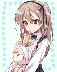 Rule 34 | 1girl, artist name, bandages, black bow, black bowtie, black ribbon, black skirt, boko (girls und panzer), bow, bowtie, brown eyes, bubble tea, bubble tea challenge, casual, collared shirt, commentary, cup, disposable cup, drinking, drinking straw, drinking straw in mouth, girls und panzer, hair ribbon, high-waist skirt, holding, holding stuffed toy, kuroi mimei, light brown hair, long hair, long sleeves, mouth hold, one side up, ribbon, shimada arisu, shirt, signature, skirt, solo, standing, stuffed animal, stuffed toy, suspender skirt, suspenders, teddy bear, translated, white shirt