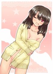 Rule 34 | 1girl, ;p, ;q, abo (hechouchou), bad id, bad pixiv id, bare shoulders, black hair, bottomless, breasts, brown eyes, cardigan, cleavage, collarbone, covering privates, covering crotch, dutch angle, female focus, looking at viewer, low wings, naughty face, no bra, no panties, off shoulder, one eye closed, pointy ears, red eyes, shameimaru aya, shirt tug, short hair, solo, star (symbol), tongue, tongue out, touhou, unbuttoned, wings, wink