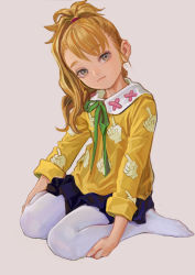 Rule 34 | 1girl, artist name, black skirt, blonde hair, child, earrings, fkey, green ribbon, grey eyes, hair over shoulder, handprint, hands on own legs, head tilt, high ponytail, highres, index finger raised, jewelry, long sleeves, looking at viewer, miniskirt, neck ribbon, no shoes, original, pantyhose, ponytail, print shirt, ribbon, shirt, simple background, sitting, skirt, sleeves rolled up, solo, stud earrings, topknot, wariza, white pantyhose, yellow shirt