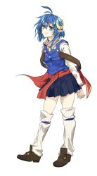 Rule 34 | 1girl, ahoge, blue eyes, blue hair, blue skirt, brown footwear, cape, closed mouth, crescent, crescent hair ornament, full body, hair between eyes, hair ornament, highres, jewelry, kakko madoka, loafers, long sleeves, loose socks, necklace, pointy ears, red cape, rena lanford, shirt, shoes, short hair, simple background, skirt, smile, socks, solo, standing, star ocean, star ocean the second story, thighhighs, turtleneck, white background, white shirt, white thighhighs