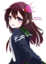 Rule 34 | 1girl, blue jacket, brown hair, character name, dated, green sailor collar, green skirt, hair between eyes, hair ornament, highres, jacket, johssnny, kantai collection, kisaragi (kancolle), kisaragi kai ni (kancolle), long hair, looking at viewer, looking back, neckerchief, one eye closed, open mouth, pleated skirt, purple eyes, red neckerchief, sailor collar, school uniform, serafuku, simple background, skirt, smile, solo, twitter username, upper body, white background