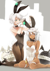 Rule 34 | animal ears, bad feet, bana (stand flower), blue eyes, blush, breasts, cleavage, commentary request, dark-skinned female, dark skin, elphelt valentine, fake animal ears, guilty gear, guilty gear xrd, highres, long hair, looking at viewer, multiple girls, open mouth, pantyhose, playboy bunny, rabbit ears, ramlethal valentine, short hair, smile, thigh strap, white hair, yellow eyes