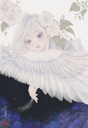 Rule 34 | 1girl, absurdres, blue eyes, cloud, colored eyelashes, feathers, flower, highres, holding, leaf, looking down, night, night sky, original, pale skin, personification, sky, solo, star (sky), starry sky, surreal, swept bangs, ushiyama ame, white hair, wings