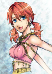 Rule 34 | 10s, 1girl, bare shoulders, blue eyes, breasts, earrings, female focus, final fantasy, final fantasy xiii, jewelry, long hair, oerba dia vanille, open mouth, red hair, short twintails, solo, tank top, twintails, unizo