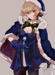 Rule 34 | 1girl, artoria pendragon (all), artoria pendragon (fate), bag, black pantyhose, blue cape, blue dress, blue gloves, blue hair, blue hat, brown eyes, cape, closed mouth, cowboy shot, dress, excalibur morgan (fate), fate/grand order, fate (series), fur-trimmed cape, fur-trimmed dress, fur-trimmed headwear, fur trim, gift bag, gloves, grey background, hair between eyes, hand on hilt, hat, holding, holding bag, long hair, long sleeves, looking at viewer, pantyhose, santa alter, santa hat, short dress, sidelocks, simple background, solo, standing, yoshikawa100