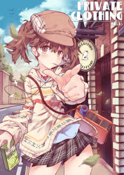 Rule 34 | 10s, 1girl, absurdres, alternate costume, bag, beret, bird, black skirt, blurry, blush, brand name imitation, brown eyes, brown hair, building, cloud, day, depth of field, finger gun, food, graffiti, hat, highres, kantai collection, litsvn, long hair, long sleeves, looking at viewer, magatama, outdoors, plaid, plaid skirt, pleated skirt, pocky, pointing, ryuujou (kancolle), shirt, skirt, sky, solo, sweat, twintails