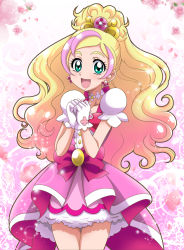 Rule 34 | 1girl, :d, blonde hair, bow, choker, collarbone, cowboy shot, cure flora, dress, earrings, floating hair, gloves, go! princess precure, gradient hair, green eyes, hanzou, haruno haruka, high ponytail, highres, jewelry, layered dress, long hair, looking at viewer, multicolored hair, open mouth, parted bangs, pink dress, pink hair, precure, red bow, short dress, smile, solo, sparkle, standing, streaked hair, very long hair, white gloves