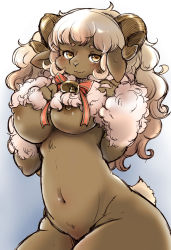 Rule 34 | animal ears, bell, blonde hair, bow, breasts, completely nude, cowboy shot, curled horns, curly hair, furry, goat eyes, hand on own chest, horns, looking at viewer, nipples, nude, ram horns, ribbon, setouchi kurage, sheep, sheep ears, sheep girl, sheep horns, short eyebrows, short tail, smile, tail, thick eyebrows, thick thighs, thighs, wavy hair, wide hips, wool, yellow eyes