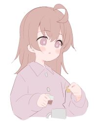 Rule 34 | 1girl, ahoge, blush stickers, brown hair, collared shirt, cropped torso, cup, hair between eyes, holding, long sleeves, meito (maze), mug, original, parted lips, pink shirt, puffy long sleeves, puffy sleeves, purple eyes, shirt, simple background, sleeves past wrists, solo, teabag, upper body, white background